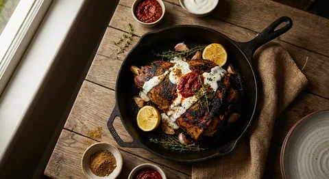 Långsamt rostad lammfiol med harissa och yoghurt