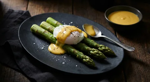 Grön sparris med hollandaisesås och pocherat ägg
