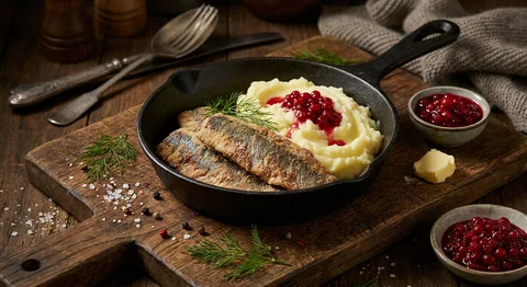 Pan-fried Baltic herring with mash and lingonberries