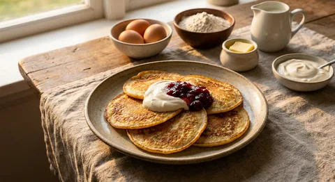 Svenska pannkakor med gräddfil och sylt