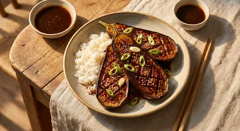 Teriyakiaubergine med sesam och ris