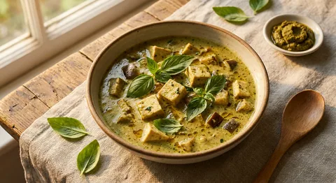 Thai grön curry med tofu och thailändsk basilika