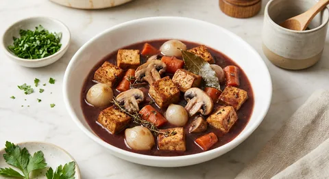 Tofu bourguignon med champinjoner och pärllök