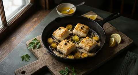 Torskrygg med brynt smör, kapris och purjo