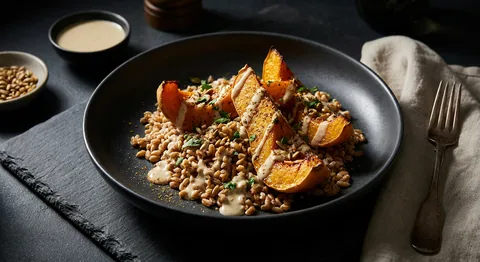 Ugnsrostad pumpa med grankorn och tahini