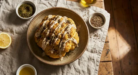 Ugnsrostad hel blomkål med tahini och za'atar