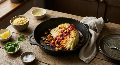 Rostad vitkål med harissa och rostade mandlar