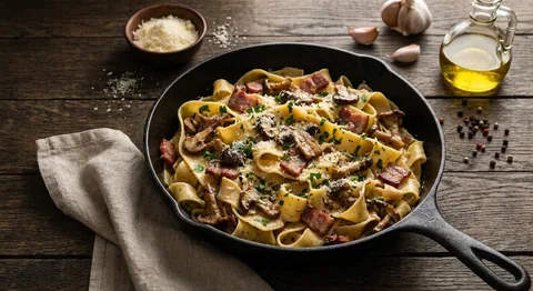 Pasta med vildsvinsbacon och svamp