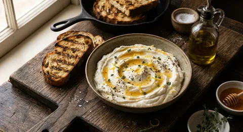Vispad ricotta med honung, timjan och grillat bröd
