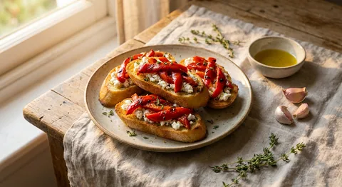 Rostade vitlöksbröd med getost och rostad paprika